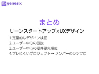 まとめ
リーンスタートアップ☓UXデザイン
1.定量的なデザイン検証
2.ユーザー中心の仮説
3.ユーザー中心の要件優先順位
4.ブレにくいプロジェクト→ メンバーのシンクロ
 