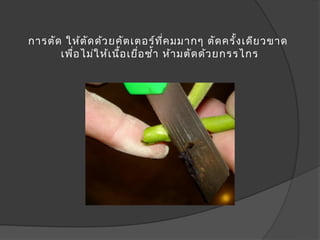การตัด ให้ต ัด ด้ว ยคัต เตอร์ท ี่ค มมากๆ ตัด ครั้ง เดีย วขาด
      เพื่อ ไม่ใ ห้เ นื้อ เยื่อ ชำ้า ห้า มตัด ด้ว ยกรรไกร
 