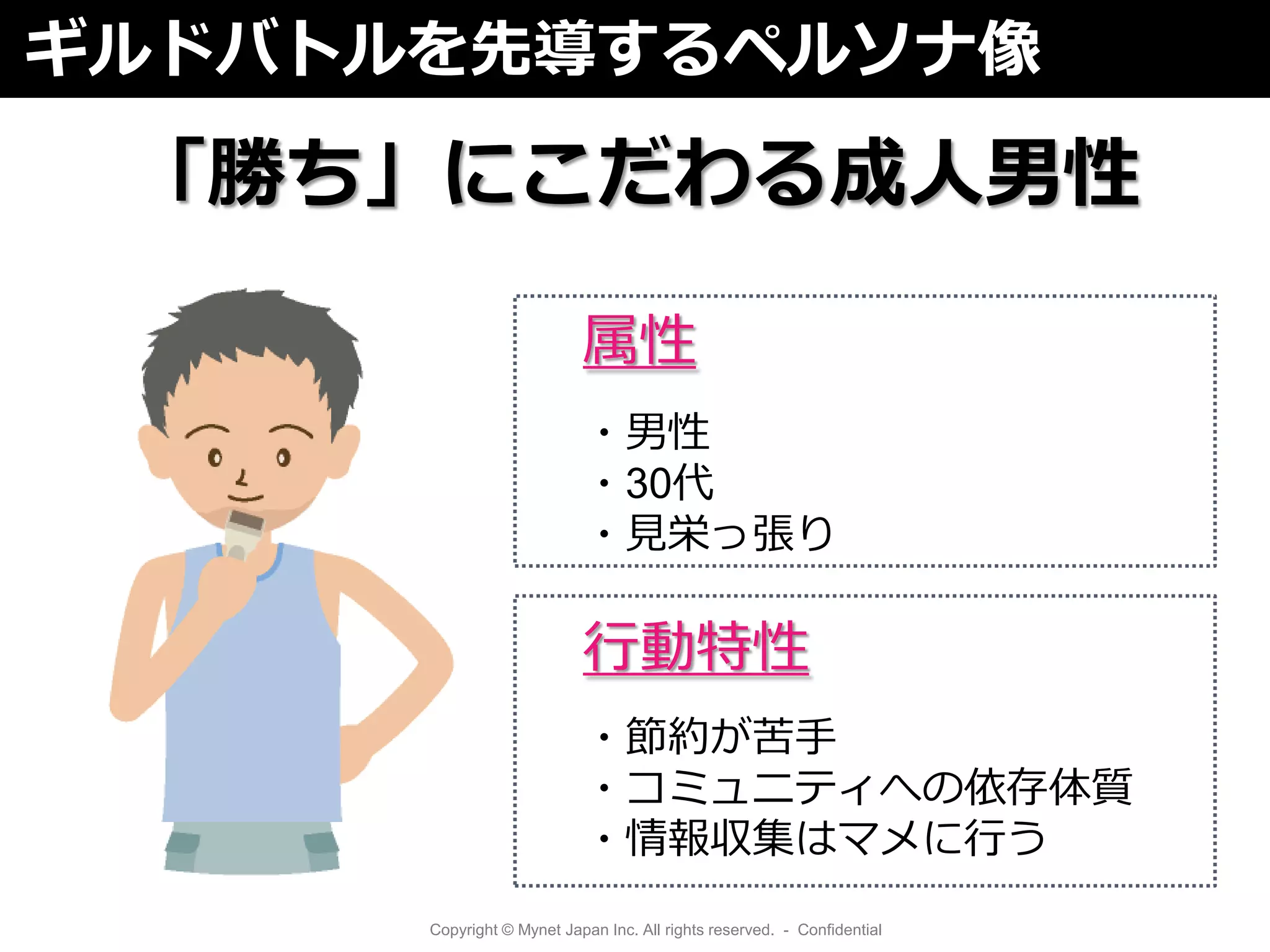 ギルドバトルを先導するペルソナ像

 「勝ち」にこだわる成人男性

                           属性
                           ・男性
                           ・30代
                           ・見栄っ張り

                           行動特性
                           ・節約が苦手
                           ・コミュニティへの依存体質
                           ・情報収集はマメに行う
      Copyright © Mynet Japan Inc. All rights reserved. - Confidential
 