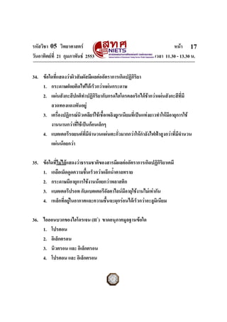 รหัสวิชา 05 วิทยาศาสตร                                                   หนา 17
วันอาทิตยที่ 21 กุมภาพันธ 2553                                 เวลา 11.30 - 13.30 น.


34. ขอใดที่แสดงวาผิวสัมผัสมีผลตออัตราการเกิดปฏิกิริยา
    1. กระดาษฝอยติดไฟไดเร็วกวาแผนกระดาษ
    2. แผนสังกะสีปกติทําปฏิกิริยากับกรดไฮโดรคลอริกไดชากวาแผนสังกะสีที่มี
        ลวดทองแดงพันอยู
    3. เครื่องปฏิกรณนิวเคลียรใชเชื้อเพลิงยูเรเนียมที่เปนแทงยาวทําใหมีอายุการใช
        งานนานกวาที่ใชเปนกอนเล็กๆ
    4. แบตเตอรีรถยนตที่มีจํานวนแผนตะกั่วมากกวาใหกําลังไฟฟาสูงกวาที่มีจานวน ํ
        แผนนอยกวา

35. ขอใดที่ไมไดแสดงวาธรรมชาติของสารมีผลตออัตราการเกิดปฏิกิริยาเคมี
    1. เกลือเม็ดดูดความชื้นเร็วกวาผลึกน้ําตาลทราย
    2. กระดาษมีอายุการใชงานนอยกวาพลาสติก
    3. แบตเตอรีปรอท กับแบตเตอรีอัลคาไลนมีอายุใชงานไมเทากัน
    4. เหล็กที่อยูในอากาศและความชื้นจะผุกรอนไดเร็วกวาอะลูมิเนียม

36. ไอออนบวกของไฮโดรเจน (H+) ขาดอนุภาคมูลฐานขอใด
    1. โปรตอน
    2. อิเล็กตรอน
    3. นิวตรอน และ อิเล็กตรอน
    4. โปรตอน และ อิเล็กตรอน
ฉบับ 1 สําหรับการสอบปกติ
 