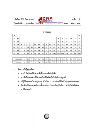 รหัสวิชา 05 วิทยาศาสตร                                                  หนา 9
วันอาทิตยที่ 21 กุมภาพันธ 2553                                เวลา 11.30 - 13.30 น.


                                    ตารางธาตุ
H                                                                        He
Li   Be                                               B   C   N   O   F Ne
Na   Mg                                              Al Si    P   S  Cl Ar
K    Ca Sc Ti V      Cr   Mn   Fe Co   Ni   Cu   Zn Ga Ge As Se Br Kr
Rb   Sr Y Zr Nb      Mo   Tc   Ru Rh   Pd   Ag   Cd In Sn Sb Te       I Xe
Cs   Ba * Hf Ta      W    Re   Os Ir   Pt   Au   Hg Tl Pb Bi Po At Rn
Fr   Ra ** Rf Db     Sg   Bh   Hs Mt   Ds   Rg   Uub Uut Uuq Uup Uuh Uus Uuo

* Lanthanides La Ce Pr    Nd Pm Sm Eu Gd         Tb   Dy   Ho     Er   Tm   Yb    Lu
 ** Actinides Ac Th Pa    U Np Pu Am Cm          Bk   Cf   Es     Fm   Md   No    Lr


21. ขอความใดไมถูกตอง
    1. กรดไรโบนิวคลีอิกทําหนาที่ในการสรางโปรตีน
    2. คารโบไฮเดรตชวยใหการเผาไหมไขมันเปนไปอยางสมบูรณ
    3. ปฏิกิริยาการเตรียมสบูจากน้ํามันเรียกวา “สะปอนนิฟเคชัน (saponification)”
    4. โปรตีนเปนแหลงพลังงานขั้นแรกของรางกายโดยโปรตีน 1 กรัม ใหพลังงาน
        4 กิโลแคลอรี




ฉบับ 1 สําหรับการสอบปกติ
 