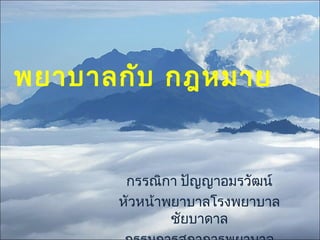 พยาบาลกับ กฎหมาย


       กรรณิกา ปัญญาอมรวัฒน์
      หัวหน้าพยาบาลโรงพยาบาล
              ชัยบาดาล
                               1
 