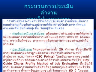 กระบวนการประเมิน
                                 ค่า งาน
                     ผ่า นโปรแกรมการ ้
• การประเมิน ค่า งานผ่า นโปรแกรมประเมิน ค่า งานนัน จะเป็น การ
                         ประเมิน ค่า งาน
ตอบคำา ถามเกี่ย วกับ ตำา แหน่ง งานที่ต ้อ งการปรับ ปรุง การกำา หนด
ตำา แหน่ง ให้เ ป็น ระดับ สูง ขึน โดยผูป ระเมิน ต้อ ง
                               ้      ้
    - ดำา เนิน การวิเ คราะห์ง าน เพื่อ แสดงว่า ตำา แหน่ง งานที่ต ้อ งการ
จะประเมิน ค่า งานใหม่น ั้น มีก ารเปลี่ย นแปลงบทบาทหน้า ที่ ลัก ษณะ
งาน ความรับ ผิด ชอบ ภาระงานหรือ คุณ ภาพงานของตำา แหน่ง ไป
จากเดิม
      - ประเมิน ค่า งาน โดยตอบคำา ถามทั้ง 20 คำา ถาม ซ้ึ่ง จะเป็น วิธ ี
การประเมิน ตามมาตรฐานของกระบวนการประเมิน ค่า งานที่
สำา นัก งาน ก.พ. กำา หนด (CSC Points) โดยอิง มาตรฐานของเฮย์
กรุ๊ป ตามหลัก แนวคิด และกระบวนวิธ ีก ารประเมิน ค่า งานทีใ ช้ Hey่
Guide Charts Profile Method of Job Evaluation ซ้ึ่ง เป็น วิธ ี
การประเมิน ค่า งานอัน เป็น ลิข สิท ธิข องเฮย์ก รุ๊ป และเป็น ทีน ิย มใช้ใ น
                                     ์                        ่
องค์ก รต่า ง ๆ ทั้ง ภาครัฐ และเอกชนทั่ว โลกมากว่า 60 ปี โดยชุด
 