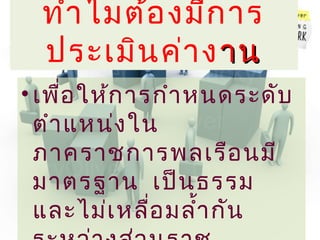 ทำา ไมต้อ งมีก าร
  ประเมิน ค่า ง าน
• เพื่อ ให้ก ารกำา หนดระดับ
  ตำา แหน่ง ใน
  ภาคราชการพลเรือ นมี
  มาตรฐาน เป็น ธรรม
  และไม่เ หลื่อ มลำ้า กัน
 