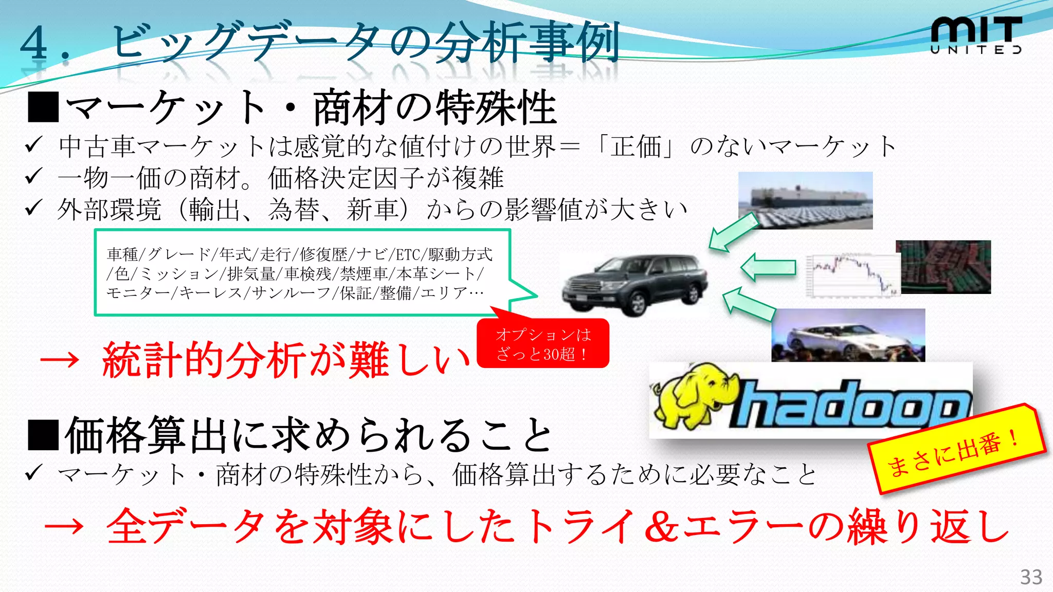 ４．ビッグデータの分析事例
■マーケット・商材の特殊性
 中古車マーケットは感覚的な値付けの世界＝「正価」のないマーケット
 一物一価の商材。価格決定因子が複雑
 外部環境（輸出、為替、新車）からの影響値が大きい
   車種/グレード/年式/走行/修復歴/ナビ/ETC/駆動方式
   /色/ミッション/排気量/車検残/禁煙車/本革シート/
   モニター/キーレス/サンルーフ/保証/整備/エリア…

                                   オプションは

→ 統計的分析が難しい                        ざっと30超！




■価格算出に求められること
 マーケット・商材の特殊性から、価格算出するために必要なこと

→ 全データを対象にしたトライ＆エラーの繰り返し
                                             33
 