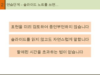 2   연습단계 – 슬라이드 노트를 쓰면…




     표현을 미리 검토하여 중언부언하지 않습니다


     슬라이드를 읽지 않고도 자연스럽게 말합니다


       할애된 시간을 초과하는 법이 없습니다
 