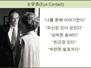 눈맞춤(Eye Contact)


       “나를 향해 이야기한다”
       “자신감 있어 보인다”
         “성숙한 솜씨다”
          “친근감 있다”
         “숙련된 발표자다”
 