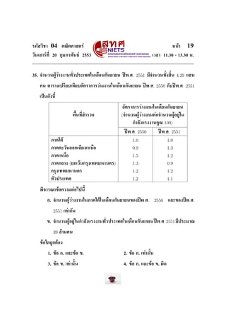 ÃËÑÊÇÔªÒ    04      ¤³ÔµÈÒÊµÃì                                                  Ë¹éÒ       19
ÇÑ¹àÊÒÃì·Õ‹ 20 ¡ØÁÀÒ¾Ñ¹¸ì 2553                                     àÇÅÒ 11.30 - 13.30 ¹.




35. ¨Ó¹Ç¹¼ÙéÇèÒ§§Ò¹·Ñ‹Ç»ÃÐà·Èã¹à´×Í¹¡Ñ¹ÂÒÂ¹ »‚¾.È.      2551     ÁÕ¨Ó¹Ç¹·ÑŒ§ÊÔŒ¹    4.29   áÊ¹


   ¤¹ µÒÃÒ§à»ÃÕÂºà·ÕÂºÍÑµÃÒ¡ÒÃÇèÒ§§Ò¹ã¹à´×Í¹¡Ñ¹ÂÒÂ¹ »‚¾.È.            2550    ¡Ñº»‚¾.È.    2551

   à»š¹´Ñ§¹ÕŒ


                                                ÍÑµÃÒ¡ÒÃÇèÒ§§Ò¹ã¹à´×Í¹¡Ñ¹ÂÒÂ¹

                          ¾×Œ¹·Õ‹ÊÓÃÇ¨          (¨Ó¹Ç¹¼ÙéÇèÒ§§Ò¹µèÍ¨Ó¹Ç¹¼ÙéÍÂÙèã¹
                                                      ¡ÓÅÑ§áÃ§§Ò¹¤Ù³         100)

                                                 »‚¾.È.   2550         »‚¾.È.   2551
            ÀÒ¤ãµé                                    1.0                     1.0
            ÀÒ¤µÐÇÑ¹ÍÍ¡à©ÕÂ§àË¹×Í                     0.9                     1.3
            ÀÒ¤àË¹×Í                                  1.5                     1.2
            ÀÒ¤¡ÅÒ§     (Â¡àÇé¹¡ÃØ§à·¾ÁËÒ¹¤Ã)         1.3                     0.9
            ¡ÃØ§à·¾ÁËÒ¹¤Ã                             1.2                     1.2
            ·Ñ‹Ç»ÃÐà·È                                1.2                     1.1

   ¾Ô¨ÒÃ³Ò¢éÍ¤ÇÒÁµèÍä»¹ÕŒ


       ¡. ¨Ó¹Ç¹¼ÙéÇèÒ§§Ò¹ã¹ÀÒ¤ãµéã¹à´×Í¹¡Ñ¹ÂÒÂ¹¢Í§»‚¾.È.              2550    áÅÐ¢Í§»‚¾.È.


              2551   à·èÒ¡Ñ¹


       ¢. ¨Ó¹Ç¹¼ÙéÍÂÙèã¹¡ÓÅÑ§áÃ§§Ò¹·Ñ‹Ç»ÃÐà·Èã¹à´×Í¹¡Ñ¹ÂÒÂ¹ »‚¾.È. 2551 ÁÕ»ÃÐÁÒ³


              39   ÅéÒ¹¤¹


   ¢éÍã´¶Ù¡µéÍ§


           1. ¢éÍ ¡. áÅÐ¢éÍ ¢.                   2. ¢éÍ ¡. à·èÒ¹ÑŒ¹


           3. ¢éÍ ¢. à·èÒ¹ÑŒ¹                    4. ¢éÍ ¡. áÅÐ¢éÍ ¢. ¼Ô´
 