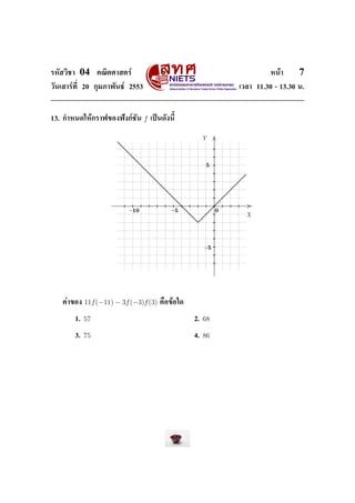 ÃËÑÊÇÔªÒ    04       ¤³ÔµÈÒÊµÃì                                               Ë¹éÒ     7
ÇÑ¹àÊÒÃì·Õ‹ 20 ¡ØÁÀÒ¾Ñ¹¸ì 2553                                      àÇÅÒ 11.30 - 13.30 ¹.




13. ¡ÓË¹´ãËé¡ÃÒ¿¢Í§¿˜§¡ìªÑ¹         f   à»š¹´Ñ§¹ÕŒ




                              ß½¼               ß               ¼




                                                           ß




   ¤èÒ¢Í§       11f (−11) − 3f (−3)f (3)   ¤×Í¢éÍã´


           1.   57                                    2.   68

           3.   75                                    4.   86
 