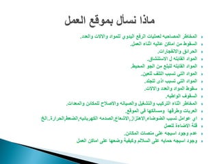 ‫والعدد‬ ‫واالالت‬ ‫للمواد‬ ‫الٌدوي‬ ‫الرفع‬ ‫لعملٌات‬ ‫المصاحبه‬ ‫المخاطر‬.
‫العمل‬ ‫اثناء‬ ‫عالٌه‬ ‫اماكن‬ ‫من‬ ‫السقوط‬.
‫واالنفجارات‬ ‫الحرائق‬.
‫االستنشاق‬ ‫ل‬ ‫القابله‬ ‫المواد‬.
‫المحٌط‬ ‫الجو‬ ‫من‬ ‫للبلع‬ ‫القابله‬ ‫المواد‬.
‫للعٌن‬ ‫التلف‬ ‫تسبب‬ ً‫الت‬ ‫المواد‬.
‫للجلد‬ ‫اذى‬ ‫تسبب‬ ً‫الت‬ ‫المواد‬.
‫واالالت‬ ‫والعدد‬ ‫المواد‬ ‫سقوط‬.
‫الواطٌه‬ ‫السقوف‬.
‫والمعدات‬ ‫للمكائن‬ ‫واالصالح‬ ‫والصٌانه‬ ‫والتشغٌل‬ ‫التركٌب‬ ‫اثناء‬ ‫المخاطر‬.
‫الموقع‬ ً‫ف‬ ‫ومسالكها‬ ‫وطرقها‬ ‫العربات‬.
‫الضوضاء‬ ‫تسبب‬ ‫عوامل‬ ‫اي‬,‫االهتزاز‬,‫االشعاع‬,‫الكهربائٌه‬ ‫الصدمه‬,‫الضعط‬,‫الحرارة‬..‫الخ‬
‫للعمل‬ ‫االضاءة‬ ‫قلة‬
‫المكائن‬ ‫منصات‬ ‫على‬ ‫اسٌجه‬ ‫وجود‬ ‫عدم‬.
‫العمل‬ ‫اماكن‬ ‫على‬ ‫وضعها‬ ‫وكٌفٌة‬ ‫الساللم‬ ‫على‬ ‫حماٌه‬ ‫اسٌجه‬ ‫وجود‬.
 