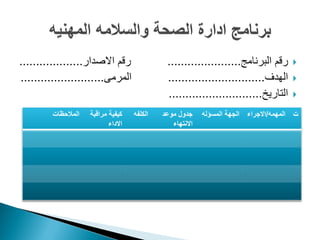 ‫البرنامج‬ ‫رقم‬......................‫االصدار‬ ‫رقم‬...................
‫الهدؾ‬.............................‫المرمى‬.........................
‫التارٌخ‬............................
‫ت‬‫المهمه‬/‫االجراء‬‫المسؤله‬ ‫الجهة‬‫موعد‬ ‫جدول‬
‫االنتهاء‬
‫الكلفه‬‫مراقبة‬ ‫كٌفٌة‬
‫االداء‬
‫المالحظات‬
 