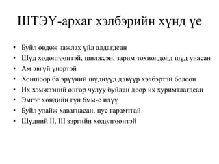 ШТЭҮ-архаг хэлбэрийн хүнд үе
•   Буйл өвдөж зажлах үйл алдагдсан
•   Шүд хөдөлгөөнтэй, шилжсэн, зарим тохиолдолд шүд унасан
•   Ам эвгүй үнэртэй
•   Хоншоор ба эрүүний шүднүүд дэвүүр хэлбэртэй болсон
•   Их хэмжээний өнгөр чулуу буйлан доор их хуримтлагдсан
•   Эмгэг хөндийн гүн 6мм-с илүү
•   Буйл улайж хавагнасан, цус гарамтгай
•   Шүдний II, III зэргийн хөдөлгөөнтэй
 