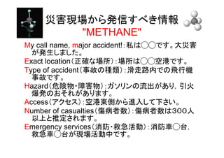 災害現場から発信すべき情報
        "METHANE"
My call name, major accident!：私は◯◯です。大災害
  が発生しました。
Exact location（正確な場所）：場所は◯◯空港です。
Type of accident（事故の種類）：滑走路内での飛行機
  事故です。
Hazard（危険物・障害物）：ガソリンの流出があり，引火
  爆発のおそれがあります。
Access（アクセス）：空港東側から進入して下さい。
Number of casualties（傷病者数）：傷病者数は３００人
  以上と推定されます。
Emergency services（消防・救急活動）：消防車◯台，
  救急車◯台が現場活動中です。
 