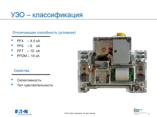УЗО – классификация

Отключающая способность (условная)

•    PF4 – 4.5 кА
•    PF6 – 6 кА
•    PF7 – 10 кА
•    PFDM – 10 кА



    Свойства

•    Селективность
•    Тип чувствительности




                            © 2011 Eaton Corporation. All rights reserved.   21
                                                                                  21
 