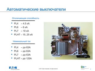Автоматические выключатели
  Отключающая способность

 •   PL4   – 4.5 кА
 •   PL6   – 6 кА
 •   PL7   – 10 кА
 •   PLHT – 15..25 кА

     Номинальный ток

 •   PL4   – до 63А
 •   PL6   – до 63А
 •   PL7   – до 63А
 •   PLHT – до 125А



                        © 2011 Eaton Corporation. All rights reserved.   8
                                                                             8
 
