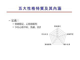 五大性格特質及其內涵
• 情緒穩定 (Neuroticism/Emotional Stability)
  – 定義：
     • 情緒穩定、心情放鬆的
     • 少有心情不好、焦慮、沮喪、適應不良
 