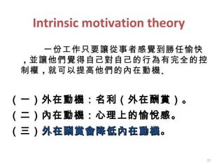 Intrinsic motivation theory
    一份工作只要讓從事者感覺到勝任愉快
 ，並讓他們覺得自己對自己的行為有完全的控
 制權 ，就可以提高他們的內在動機 。


（一）外在動機：名利（外在酬賞）。
（二）內在動機：心理上的愉悅感。
（三） 外在酬賞會降低內在動機。
    外在酬賞會降低內在動機

                                23
 