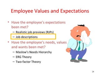 Employee Values and Expectations
• Have the employee’s expectations
  been met?
  – Realistic job previews (RJPs)
  – Job descriptions
• Have the employee’s needs, values
  and wants been met?
  – Maslow’s Needs Hierarchy
  – ERG Theory
  – Two-factor Theory

                                      28
 