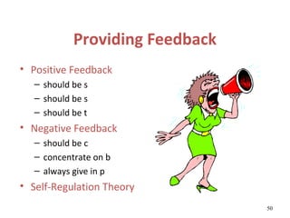 Providing Feedback
• Positive Feedback
   – should be s
   – should be s
   – should be t
• Negative Feedback
   – should be c
   – concentrate on b
   – always give in p
• Self-Regulation Theory
                                 50
 