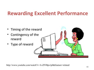 Rewarding Excellent Performance

• Timing of the reward
• Contingency of the
  reward
• Type of reward




http://www.youtube.com/watch?v=A-ZlYBps1p0&feature=related
                                                             53
 