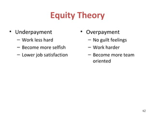 Equity Theory
• Underpayment               • Overpayment
  – Work less hard             – No guilt feelings
  – Become more selfish        – Work harder
  – Lower job satisfaction     – Become more team
                                 oriented




                                                     62
 