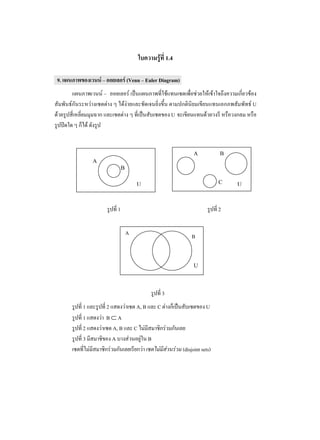 1.4

9.           –                 (Venn – Euler Diagram)
             –
                                                                                      U
                                                        U




         A                                                       A            B
         A
                           B
                                   U
                                   U                                          C   U



                       1                                                      2


                               A                                B


                                                                 U



                                                  3
     1           2                 A, B       C                         U
     1           B     A
     2               A, B          C
     3               A                    B
                                                            (disjoint sets)
 