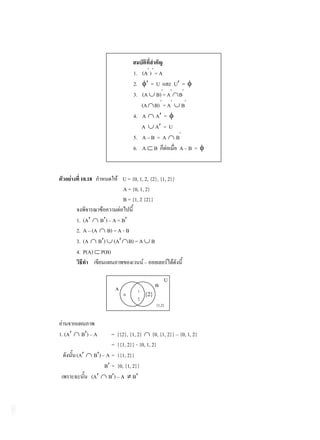 1. (A ) = A
                                    2.     =U    U =
                                    3. (A B) = A B
                                       (A B) = A B
                                    4. A A =
                                       A A =U
                                    5. A – B = A B
                                    6. A B        A–B =


             10.18             U = {0, 1, 2, {2}, {1, 2}}
                               A = {0, 1, 2}
                               B = {1, 2 {2}}

        1.    (A    B )–A=B
        2.    A – (A B) = A - B
        3.    (A B ) (A B) = A               B
        4.    P(A) P(B)
                                         –

                                                     U
                           A                     B
                                      1
                               0        {2}
                                      2
                                                 {1,2}




1. (A        B )–A        = {{2}, {1, 2} {0, {1, 2}} – {0, 1, 2}
                          = {{1, 2}} - {0, 1, 2}
        (A        B ) – A = {{1, 2}}
                       B = {0, {1, 2}}
                 (A      B )–A B
 