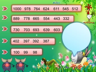 1000 978 764 624      611 545 512

889   778 665   554   443 332


730   703 693   639   603


402   397 392   387


100   99   98
 