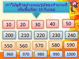 10    20     30    40     50

200   210    220   230    240

550   560    570   580    590
960    970   980    990   1000
 