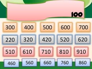 100
300   400   500   600    700

220   320   420   520    620
510   610   710   810    910
460   560   660   760    860
 