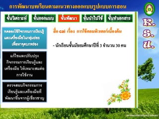 แก้ ไขและปรับปรุ ง
 กิจกรรมการเรียนรู้และ
เครื่องมือ ให้ เหมาะสมต่ อ
          การใช้ งาน
 ตรวจสอบกิจกรรมการ
 เรียนรู้และเครื่ องมือที่
พัฒนาขึนจากผู้เชี่ยวชาญ
         ้
 