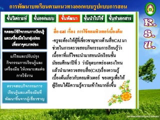 แก้ ไขและปรับปรุ ง
 กิจกรรมการเรียนรู้และ
เครื่องมือ ให้ เหมาะสมต่ อ
          การใช้ งาน
 ตรวจสอบกิจกรรมการ
 เรียนรู้และเครื่ องมือที่
พัฒนาขึนจากผู้เชี่ยวชาญ
         ้
 