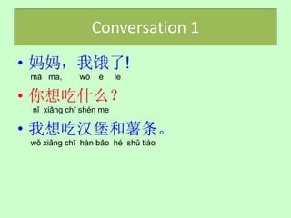 Conversation 1
• 妈妈，我饿了!
 mā ma,      wǒ   è     le

• 你想吃什么？
 nǐ xiǎng chī shén me

• 我想吃汉堡和薯条。
 wǒ xiǎng chī hàn bǎo hé shǔ tiáo
 
