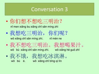Conversation 3
• 你们想不想吃三明治？
nǐ men xiǎng bu xiǎng chī sān míng zhì

• 我想吃三明治，你们呢？
wǒ xiǎng chī sān míng zhì.      nǐ mén ne

• 我不想吃三明治。我想喝果汁。
wǒ bù xiǎng chī sān míng zhì.       wǒ xiǎng hē guǒ zhī

• 我不饿，我想吃冰淇淋。
 wǒ bú   è.      wǒ xiǎng chī bīng qí lín
 
