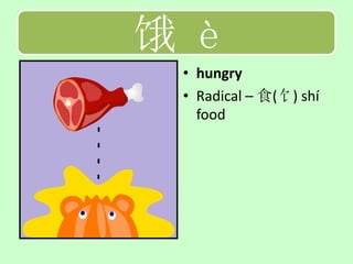 饿 è
 • hungry
 • Radical – 食(饣) shí
   food
 
