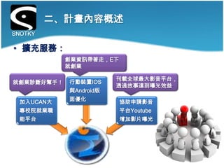 二、計畫內容概述
SNOTKY

• 擴充服務：
            創業資訊帶著走，E下
            就創業

                        刊載全球最大影音平台，
就創業診斷好幫手！   行動裝置IOS
                        透過故事達到曝光效益
            與Android版
            面優化
 加入UCAN大                 協助申請影音
 專校院就業職                  平台Youtube
 能平台                     增加影片曝光
 