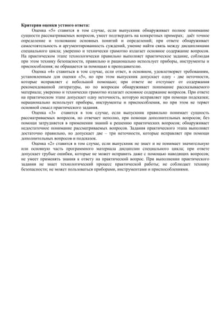 Критерии оценки устного ответа:
     Оценка «5» ставится в том случае, если выпускник обнаруживает полное понимание
сущности рассматриваемых вопросов, умеет подтвердить на конкретных примерах; даёт точное
определение и толкование основных понятий и определений; при ответе обнаруживает
самостоятельность и аргументированность суждений, умение найти связь между дисциплинами
специального цикла; уверенно и технически грамотно излагает основное содержание вопросов.
На практическом этапе технологически правильно выполняет практическое задание, соблюдая
при этом технику безопасности, правильно и рационально использует приборы, инструменты и
приспособления; не обращается за помощью к преподавателю.
     Оценка «4» ставиться в том случае, если ответ, в основном, удовлетворяет требованиям,
установленным для оценки «5», но при этом выпускник допускает одну - две неточности,
которые исправляет с небольшой помощью; при ответе не отступает от содержания
рекомендованной литературы, но по вопросам обнаруживает понимание рассказываемого
материала; уверенно и технически грамотно излагает основное содержание вопросов. При ответе
на практическом этапе допускает одну неточность, которую исправляет при помощи подсказки;
нерационально использует приборы, инструменты и приспособления, но при этом не теряет
основной смысл практического задания.
     Оценка «3» ставится в том случае, если выпускник правильно понимает сущность
рассматриваемых вопросов, но отвечает неполно, при помощи дополнительных вопросов; без
помощи затрудняется в применении знаний к решению практических вопросов; обнаруживает
недостаточное понимание рассматриваемых вопросов. Задания практического этапа выполняет
достаточно правильно, но допускает две – три неточности, которые исправляет при помощи
дополнительных вопросов и подсказок.
     Оценка «2» ставится в том случае, если выпускник не знает и не понимает значительную
или основную часть программного материала дисциплин специального цикла; при ответе
допускает грубые ошибки, которые не может исправить даже с помощью наводящих вопросов;
не умеет применять знания к ответу на практический вопрос. При выполнении практического
задания не знает технологический процесс практической работы; не соблюдает технику
безопасности; не может пользоваться приборами, инструментами и приспособлениями.
 