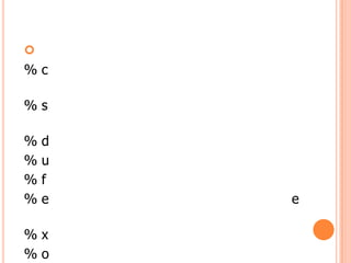 ?
%c

%s

%   d
%   u
%   f
%   e   e

%x
%o
 
