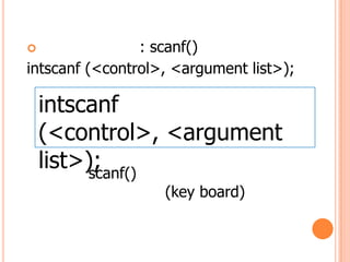 ?               : scanf()
intscanf (<control>, <argument list>);

    intscanf
    (<control>, <argument
    list>);
         scanf()
                   (key board)
 