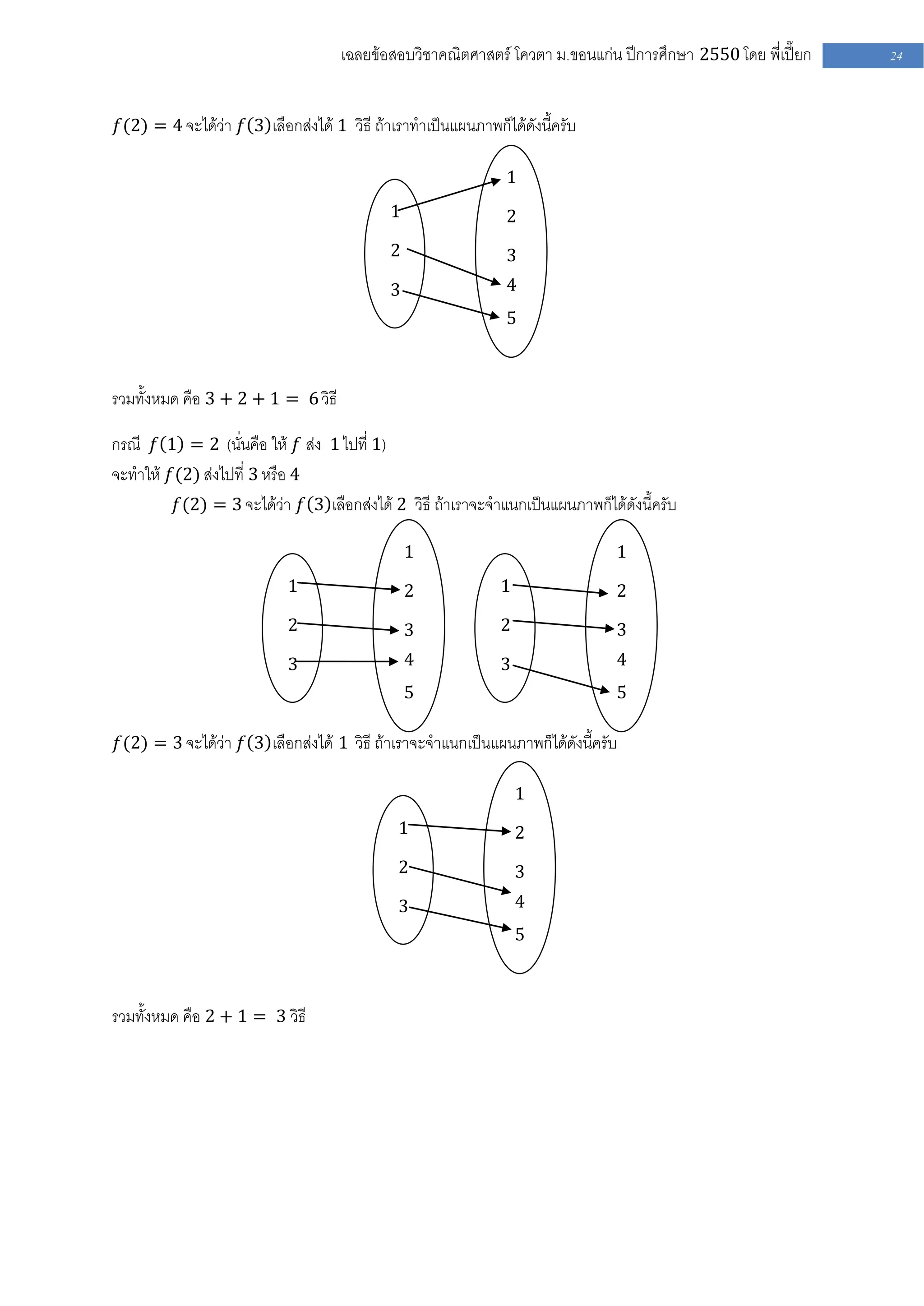 เฉลยข้อสอบวิชาคณิตศาสตร์ โควตา ม .ขอนแก่น ปีการศึกษา 2550 โดย พี่เปี๊ยก   24


𝑓(2) = 4 จะได้ว่า 𝑓 3 เลือกส่งได้ 1 วิธี ถ้าเราทาเป็นแผนภาพก็ได้ดังนี้ครับ

                                                              1
                                            1                 2
                                            2                 3
                                            3                 4
                                                              5



รวมทั้งหมด คือ 3 + 2 + 1 = 6 วิธี

กรณี 𝑓 1 = 2 (นั่นคือ ให้ 𝑓 ส่ง 1 ไปที่ 1)
จะทาให้ 𝑓(2) ส่งไปที่ 3 หรือ 4
         𝑓(2) = 3 จะได้ว่า 𝑓 3 เลือกส่งได้ 2 วิธี ถ้าเราจะจาแนกเป็นแผนภาพก็ได้ดังนี้ครับ

                                                1                             1
                           1                    2            1                2
                           2                    3            2                3
                           3                    4            3                4
                                                5                             5

𝑓(2) = 3 จะได้ว่า 𝑓 3 เลือกส่งได้ 1 วิธี ถ้าเราจะจาแนกเป็นแผนภาพก็ได้ดังนี้ครับ

                                                                 1
                                             1                   2
                                             2                   3
                                             3                   4
                                                                 5



รวมทั้งหมด คือ 2 + 1 = 3 วิธี
 