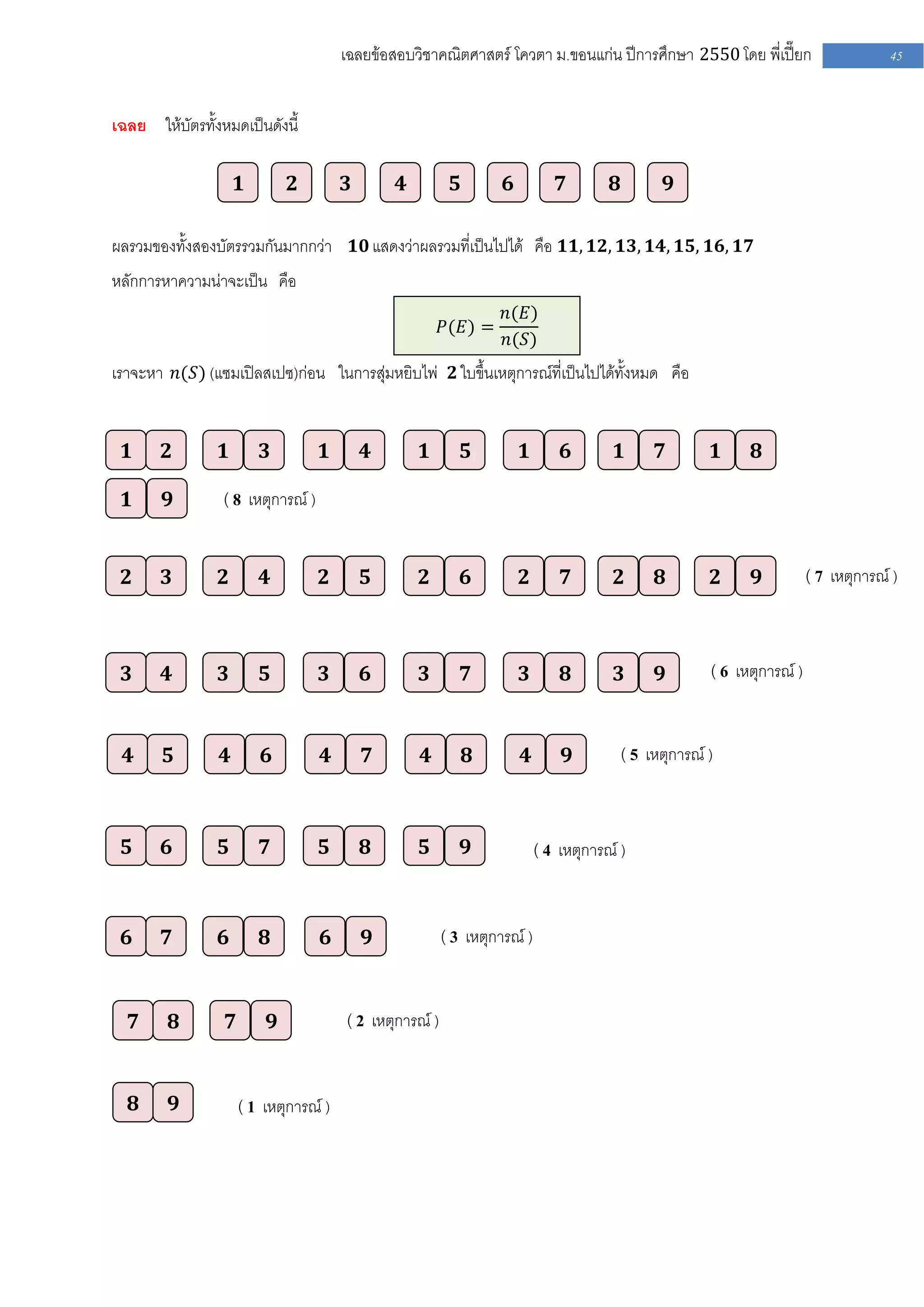 เฉลยข้อสอบวิชาคณิตศาสตร์ โควตา ม .ขอนแก่น ปีการศึกษา 2550 โดย พี่เปี๊ยก                        45


เฉลย ให้บัตรทั้งหมดเป็นดังนี้

                          𝟏           𝟐       𝟑       𝟒           𝟓       𝟔           𝟕        𝟖          𝟗

ผลรวมของทั้งสองบัตรรวมกันมากกว่า 𝟏𝟎 แสดงว่าผลรวมที่เป็นไปได้ คือ 𝟏𝟏, 𝟏𝟐, 𝟏𝟑, 𝟏𝟒, 𝟏𝟓, 𝟏𝟔, 𝟏𝟕
หลักการหาความน่าจะเป็น คือ
                                                                          𝑛(𝐸)
                                                                𝑃(𝐸) =
                                                                          𝑛(𝑆)
เราจะหา 𝑛(𝑆) (แซมเปิลสเปซ)ก่อน ในการสุ่มหยิบไพ่ 𝟐 ใบขึ้นเหตุการณ์ที่เป็นไปได้ทั้งหมด คือ


  𝟏       𝟐       𝟏           𝟑           𝟏       𝟒       𝟏           𝟓       𝟏        𝟔       𝟏      𝟕           𝟏   𝟖

  𝟏       𝟗       ( 8 เหตุการณ์ )


  𝟐       𝟑       𝟐           𝟒           𝟐       𝟓       𝟐           𝟔       𝟐        𝟕       𝟐      𝟖           𝟐   𝟗         ( 7 เหตุการณ์ )


  𝟑       𝟒       𝟑           𝟓           𝟑       𝟔       𝟑           𝟕       𝟑        𝟖       𝟑      𝟗       ( 6 เหตุการณ์ )


  𝟒       𝟓       𝟒           𝟔           𝟒       𝟕       𝟒           𝟖       𝟒        𝟗        ( 5 เหตุการณ์ )


  𝟓       𝟔       𝟓           𝟕           𝟓       𝟖       𝟓           𝟗           ( 4 เหตุการณ์ )


  𝟔       𝟕       𝟔           𝟖           𝟔       𝟗             ( 3 เหตุการณ์ )


      𝟕       𝟖       𝟕           𝟗           ( 2 เหตุการณ์ )


      𝟖       𝟗           ( 1 เหตุการณ์ )
 