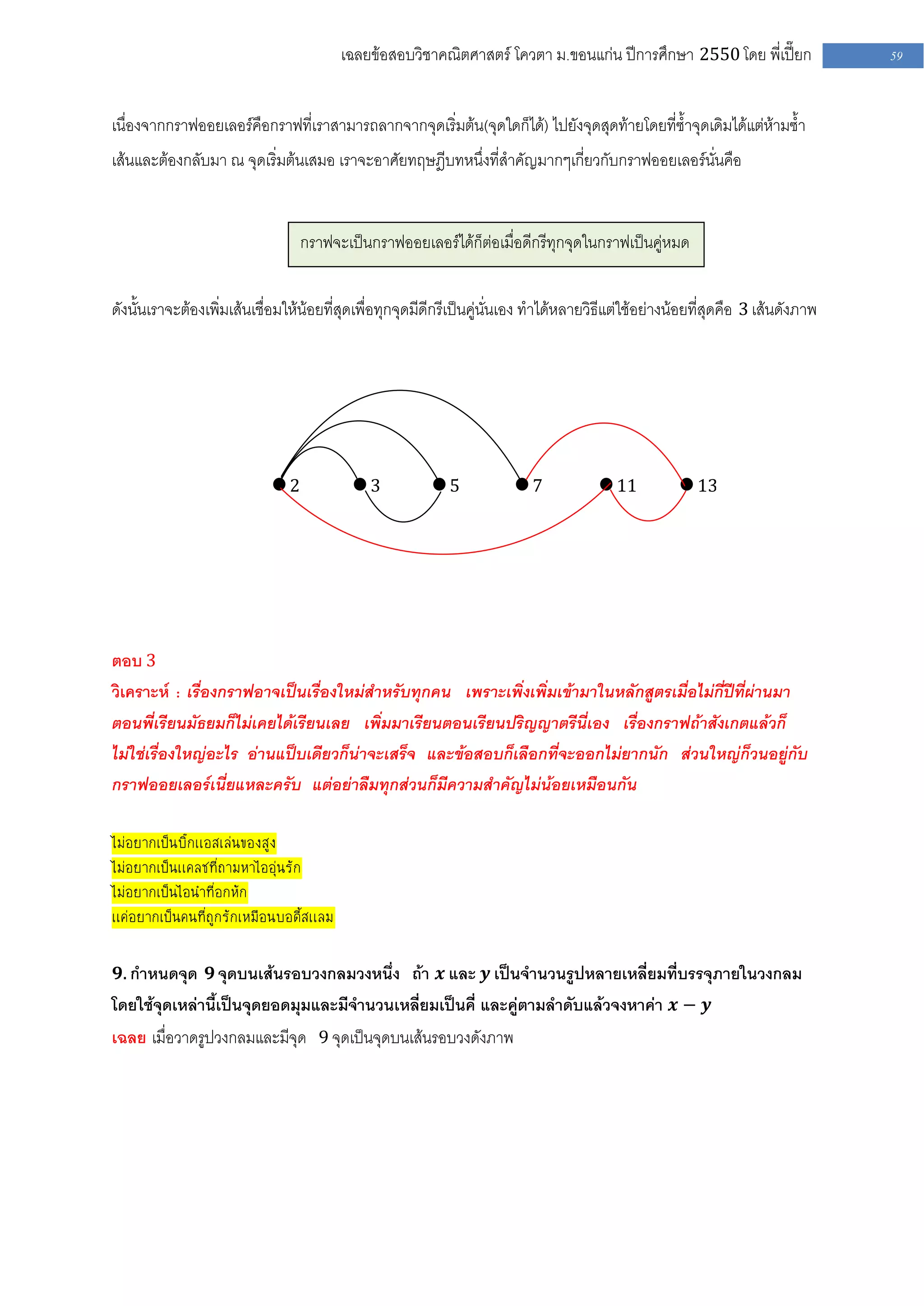 เฉลยข้อสอบวิชาคณิตศาสตร์ โควตา ม .ขอนแก่น ปีการศึกษา 2550 โดย พี่เปี๊ยก                 59


เนื่องจากกราฟออยเลอร์คือกราฟที่เราสามารถลากจากจุดเริ่มต้น(จุดใดก็ได้) ไปยังจุดสุดท้ายโดยที่ซ้าจุดเดิมได้แต่ห้ามซ้า
เส้นและต้องกลับมา ณ จุดเริ่มต้นเสมอ เราจะอาศัยทฤษฎีบทหนึ่งที่สาคัญมากๆเกี่ยวกับกราฟออยเลอร์นั่นคือ


                                    กราฟจะเป็นกราฟออยเลอร์ได้ก็ต่อเมื่อดีกรีทุกจุดในกราฟเป็นคู่หมด


ดังนั้นเราจะต้องเพิ่มเส้นเชื่อมให้น้อยที่สุดเพื่อทุกจุดมีดีกรีเป็นคู่นั่นเอง ทาได้หลายวิธีแต่ใช้อย่างน้อยที่สุดคือ 3 เส้นดังภาพ




                                2              3            5              7              11             13




ตอบ 3
วิเคราะห์ : เรื่องกราฟอาจเป็นเรื่องใหม่สาหรับทุกคน เพราะเพิ่งเพิ่มเข้ามาในหลักสูตรเมื่อไม่กี่ปีที่ผ่านมา
ตอนพี่เรียนมัธยมก็ไม่เคยได้เรียนเลย เพิ่มมาเรียนตอนเรียนปริญญาตรีนี่เอง เรื่องกราฟถ้าสังเกตแล้วก็
ไม่ใช่เรื่องใหญ่อะไร อ่านแป็บเดียวก็น่าจะเสร็จ และข้อสอบก็เลือกที่จะออกไม่ยากนัก ส่วนใหญ่ก็วนอยู่กับ
กราฟออยเลอร์เนี่ยแหละครับ แต่อย่าลืมทุกส่วนก็มีความสาคัญไม่น้อยเหมือนกัน

ไม่อยากเป็นบิ๊กเเอสเล่นของสูง
ไม่อยากเป็นเเคลชที่ถามหาไออุ่นรัก
ไม่อยากเป็นไอนําที่อกหัก
เเค่อยากเป็นคนที่ถูกรักเหมือนบอดี้สเเลม

 𝟗. กาหนดจุด 𝟗 จุดบนเส้นรอบวงกลมวงหนึ่ง ถ้า 𝒙 และ 𝒚 เป็นจานวนรูปหลายเหลี่ยมที่บรรจุภายในวงกลม
โดยใช้จุดเหล่านี้เป็นจุดยอดมุมและมีจานวนเหลี่ยมเป็นคี่ และคู่ตามลาดับแล้วจงหาค่า 𝒙 − 𝒚
เฉลย เมื่อวาดรูปวงกลมและมีจุด 9 จุดเป็นจุดบนเส้นรอบวงดังภาพ
 