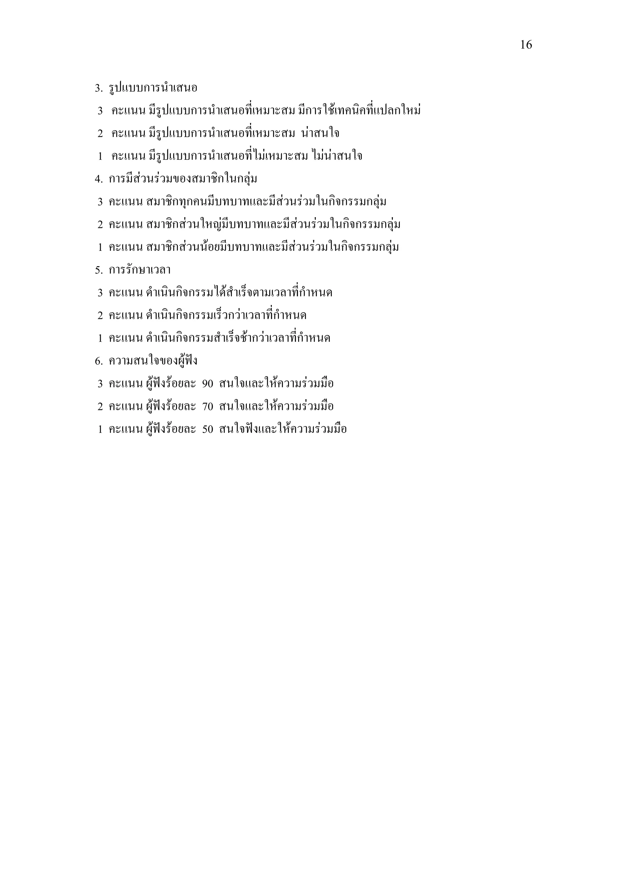 16


3.   รูปแบบการนาเสนอ
 3   คะแนน มีรูปแบบการนาเสนอที่เหมาะสม มีการใช้เทคนิคที่แปลกใหม่
 2   คะแนน มีรูปแบบการนาเสนอที่เหมาะสม น่าสนใจ
 1   คะแนน มีรูปแบบการนาเสนอที่ไม่เหมาะสม ไม่น่าสนใจ
4.   การมีส่วนร่วมของสมาชิกในกลุ่ม
 3   คะแนน สมาชิกทุกคนมีบทบาทและมีส่วนร่วมในกิจกรรมกลุ่ม
 2   คะแนน สมาชิกส่วนใหญ่มีบทบาทและมีส่วนร่วมในกิจกรรมกลุ่ม
 1   คะแนน สมาชิกส่วนน้อยมีบทบาทและมีส่วนร่วมในกิจกรรมกลุ่ม
5.   การรักษาเวลา
 3   คะแนน ดาเนินกิจกรรมได้สาเร็จตามเวลาที่กาหนด
 2   คะแนน ดาเนินกิจกรรมเร็วกว่าเวลาที่กาหนด
 1   คะแนน ดาเนินกิจกรรมสาเร็จช้ากว่าเวลาที่กาหนด
6.   ความสนใจของผู้ฟัง
 3   คะแนน ผู้ฟังร้อยละ 90 สนใจและให้ความร่วมมือ
 2   คะแนน ผู้ฟังร้อยละ 70 สนใจและให้ความร่วมมือ
 1   คะแนน ผู้ฟังร้อยละ 50 สนใจฟังและให้ความร่วมมือ
 
