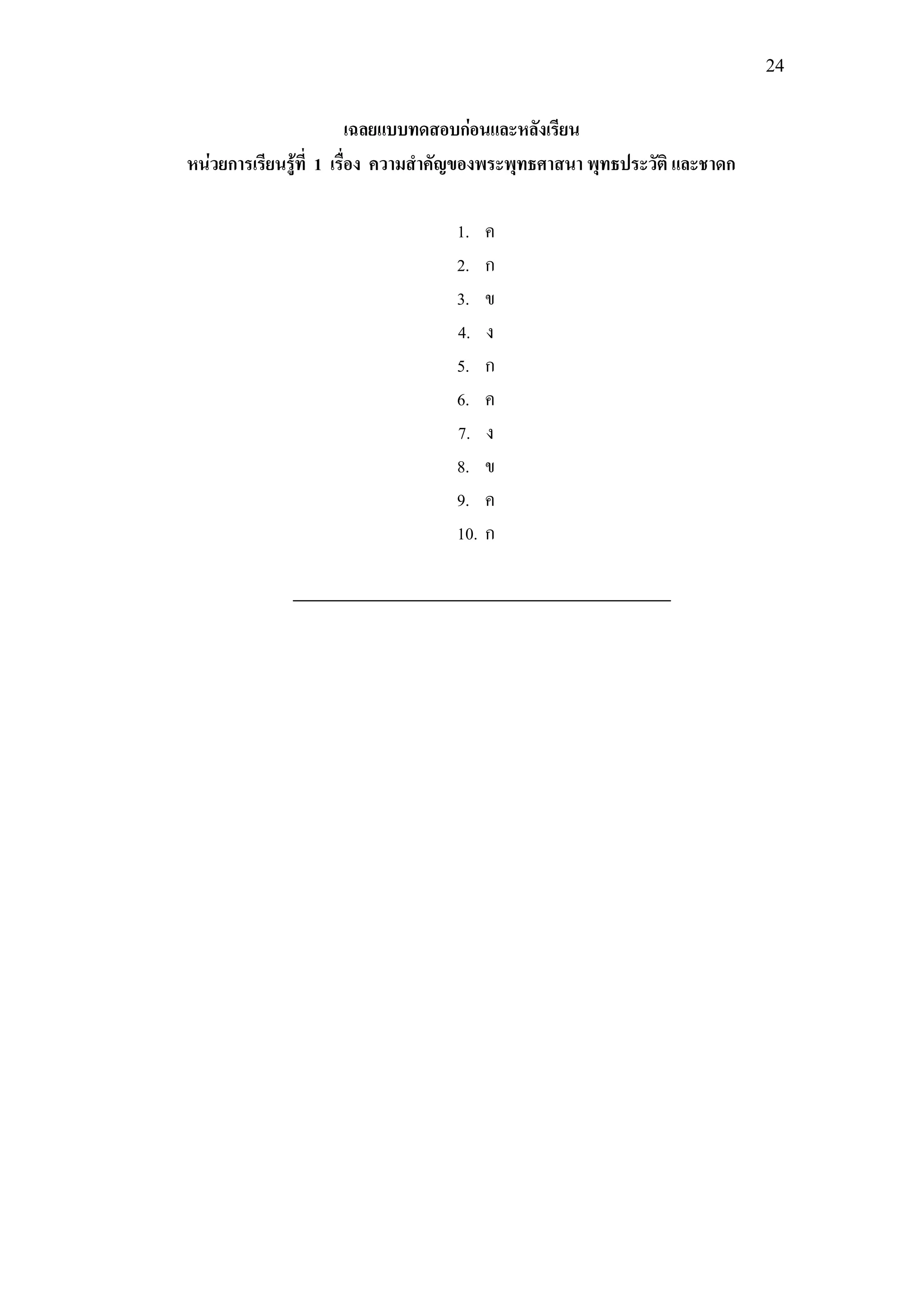 24


                          เฉลยแบบทดสอบก่อนและหลังเรียน
หน่วยการเรียนรู้ที่ 1 เรื่อง ความสาคัญของพระพุทธศาสนา พุทธประวัติ และชาดก

                                   1.    ค
                                   2.    ก
                                   3.    ข
                                   4.    ง
                                   5.    ก
                                   6.    ค
                                   7.    ง
                                   8.    ข
                                   9.    ค
                                   10.   ก
 