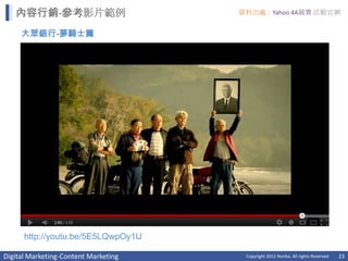 內容行銷-參考影片範例                        資料出處：Yahoo 4A競賽 活動官網


     大眾銀行-夢騎士篇




      http://youtu.be/5E5LQwpOy1U

Digital Marketing-Content Marketing    Copyright 2012 Norika. All rights Reserved   23
 