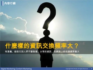 內容行銷




    什麼樣的資訊交換頻率大？
    有意義、能吸引到人們不斷散播、分享的資訊，在網路上的交換頻率最大




Digital Marketing-Content Marketing   Copyright 2012 Norika. All rights Reserved   4
 