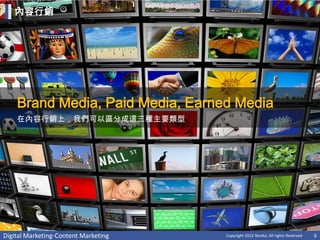 內容行銷




    Brand Media, Paid Media, Earned Media
    在內容行銷上，我們可以區分成這三種主要類型




Digital Marketing-Content Marketing   Copyright 2012 Norika. All rights Reserved   6
 