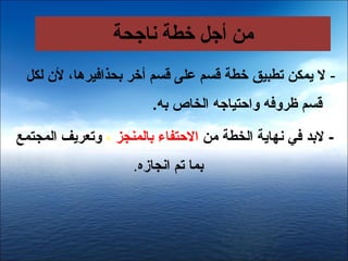 ‫من أجل خطة ناجحة‬
                 ‫ناجحة‬         ‫من‬
 ‫- ل يمكن تطبيق خطة قسم على قسم أخر بحذاضفيردها، لن لكل‬
                         ‫قسم ظروضفه واحتياجه الخاص به.‬

‫- لبد ضفي تنهاية الخطة من الحتفاء بالمنجز ، وتعريف المجتمع‬
                     ‫بما تم اتنجامزه.‬
 