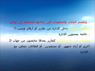 ‫: وتنقسم البيانات والمعلومات التي يحتاجها المخطط إلى نوعين‬

   ‫معلومات متوفرة داخل الدارة من تقارير أو أرقام ونسب -1‬
                                   ‫. خاصة بمنسوبي الدارة‬

‫معلومات من خارج الدارة كتقارير يعدها مختصون من جهات -2‬
   ‫أو قطاعات تتعاون مع‬   ‫أو مستفيدين‬   ‫أخرى أو أراء جمهور‬
                                                   ‫. الدارة‬
 