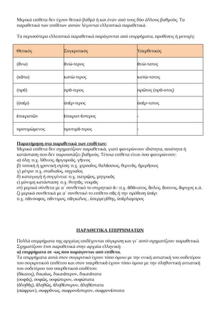 Μερικά επίθετα δεν έχουν θετικό βαθμό ή και έναν από τους δύο άλλους βαθμούς. Τα
παραθετικά των επιθέτων αυτών λέγονται ελλειπτικά παραθετικά.

Τα περισσότερα ελλειπτικά παραθετικά παράγονται από επιρρήματα, προθέσεις ή μετοχές:


Θετικός                Συγκριτικός                          Υπερθετικός

(ἄνω)                  ἀνώ-τερος                            ἀνώ-τατος

(κάτω)                 κατώ-τερος                           κατώ-τατος

(πρὸ)                  πρό-τερος                            πρῶτος (πρό-ατος)

(ὑπὲρ)                 ὑπέρ-τερος                           ὑπέρ-τατος

ἐπικρατῶν              ἐπικρατ-έστερος                      -

προτιμώμενος           προτιμό-τερος                        -


Παρατήρηση στα παραθετικά των επιθέτων:
Μερικά επίθετα δεν σχηματίζουν παραθετικά, γιατί φανερώνουν ιδιότητα, ποιότητα ή
κατάσταση που δεν παρουσιάζει βαθμούς. Τέτοια επίθετα είναι όσα φανερώνουν:
α) ύλη: π.χ. λίθινος, ἀργυροῦς, γήινος
β) τοπική ή χρονική σχέση: π.χ. χερσαῖος, θαλάσσιος, θερινός, ἡμερήσιος
γ) μέτρο: π.χ. σταδιαῖος, πηχυαῖος
δ) καταγωγή ή συγγένεια: π.χ. πατρῷος, μητρικός
ε) μόνιμη κατάσταση: π.χ. θνητός, νεκρός
στ) μερικά σύνθετα με α΄ συνθετικό το στερητικό ἀ-: π.χ. ἀθάνατος, ἄυλος, ἄυπνος, ἄψυχος κ.ά.
ζ) μερικά συνθετικά με α΄ συνθετικό το επίθετο πᾶς ή την πρόθεση ὑπέρ:
π.χ. πάνσοφος, πάντιμος, πάγκαλος , ὑπερμεγέθης, ὑπέρλαμπρος




                             ΠΑΡΑΘΕΤΙΚΑ ΕΠΙΡΡΗΜΑΤΩΝ

Πολλά επιρρήματα της αρχαίας επιδέχονται σύγκριση και γι΄ αυτό σχηματίζουν παραθετικά.
Σχηματίζουν έτσι παραθετικά στην αρχαία ελληνική:
α) επιρρήματα σε -ως που παράγονται από επίθετα.
Τα επιρρήματα αυτά στον συγκριτικό έχουν τύπο όμοιο με την ενική αιτιατική του ουδετέρου
του συγκριτικού επιθέτου και στον υπερθετικὀ έχουν τύπο όμοιο με την πληθυντική αιτιατική
του ουδετέρου του υπερθετικού επιθέτου:
(δίκαιος), δικαίως, δικαιότερον, δικαιότατα
(σοφός), σοφῶς, σοφώτερον, σοφώτατα
(ἀληθής), ἀληθῶς, ἀληθέστερον, ἀληθέστατα
(σώφρων), σωφρόνως, σωφρονέστερον, σωφρονέστατα
 